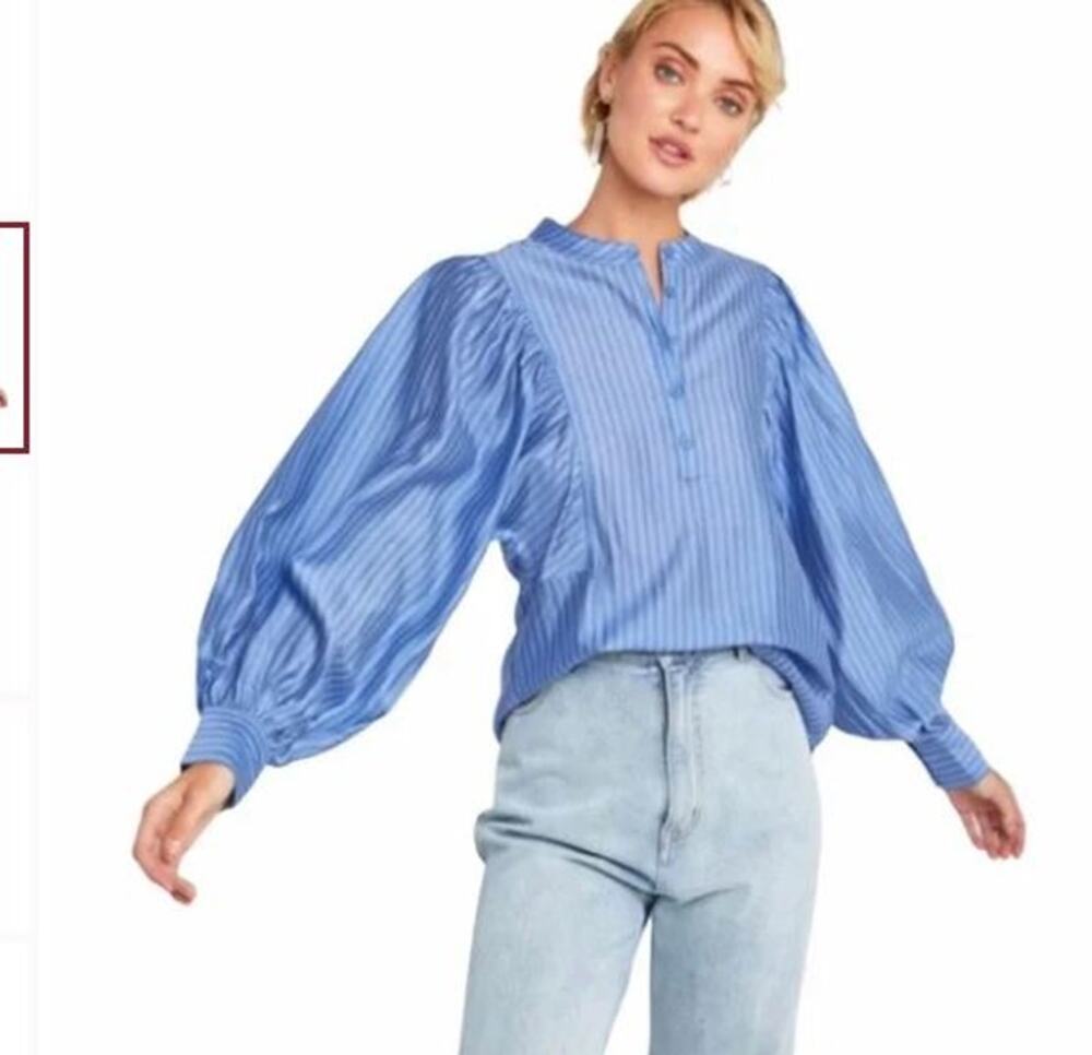 CAARA Maglie Blue Pinstripe Dolman Puff Sleeve Blouse